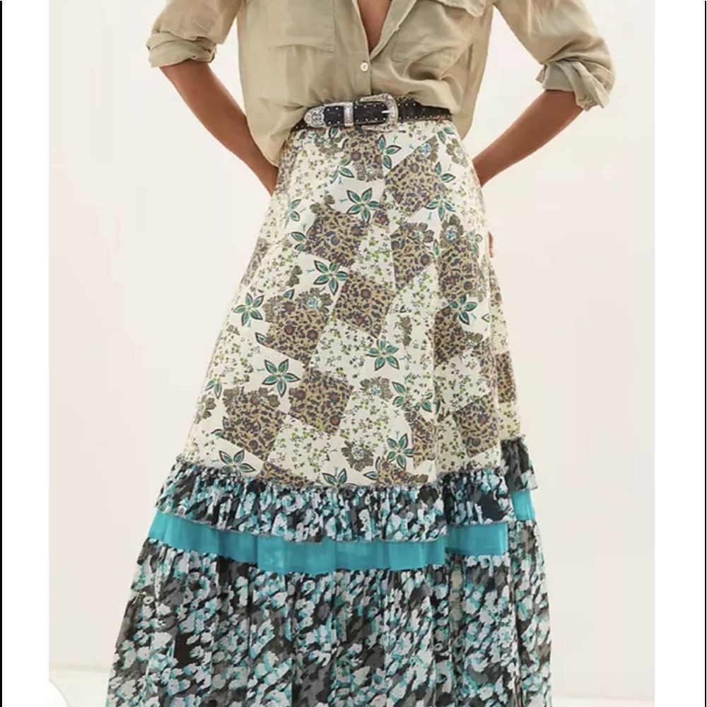 Anthropologie Raga Floral Patchwork Maxi Skirt Tiered White Teal Tan Blue